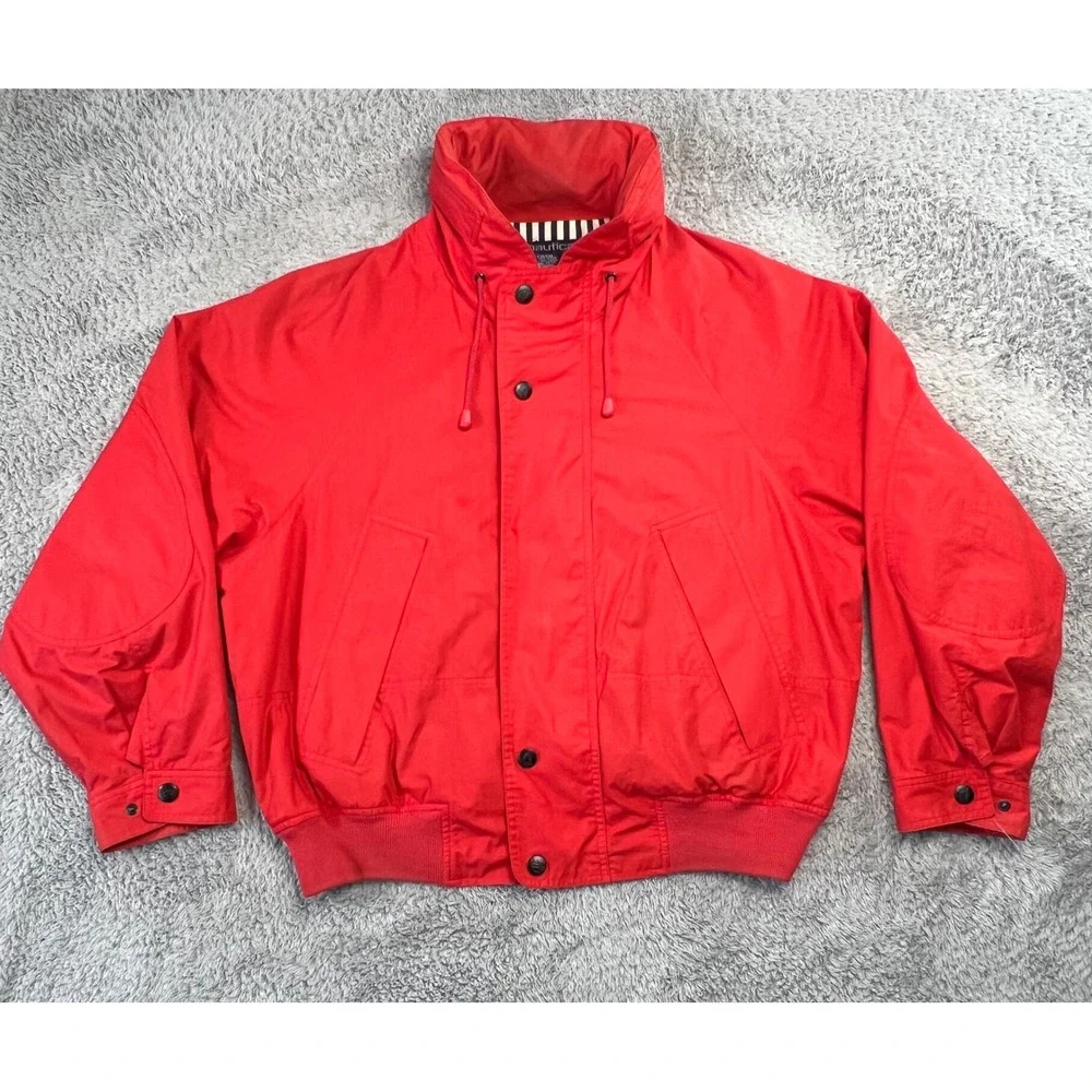 Vintage Nautica Harrington Red Full Zip Hooded Bomber Jacket L Striped Lining